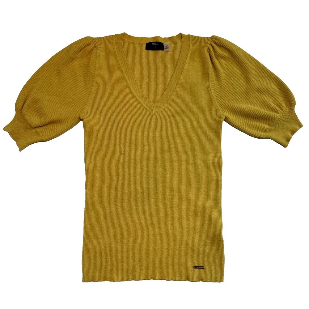 Tahari Ribbed Puff Sleeve V Neck Sweater Mustard Yellow S‎